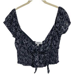 Likely Dark  Blue Floral Off the Shoulder Front Tie Super Crop Top size L